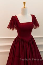 Wine Red Satin A-Line Floor Length Party Dresses, Wine Red Evening Dresses
